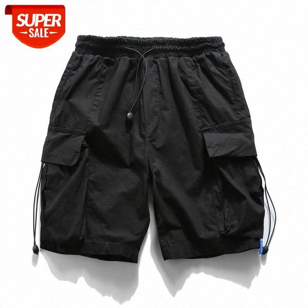 

japanese multi-pocket functional wind overalls men's thin elastic waist five-point pants casual shorts #p06l, Black
