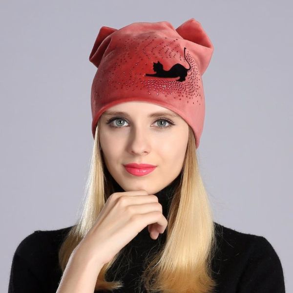 

beanie/skull caps geebro women's winter beanie hat warm velour rhinestones animal pattern hats ladies female slouchy cat ear skullies, Blue;gray