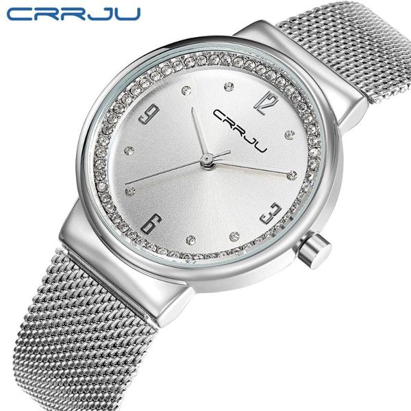 

wristwatches brand crrju watch women luxury dress full steel watches fashion casual ladies quartz silver female table clock, Slivery;brown