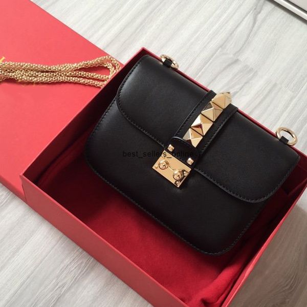

female chain pack crossbody women shoulder bag rivet hardware fashion plain genuine leather interior zipper purse black, Red;black