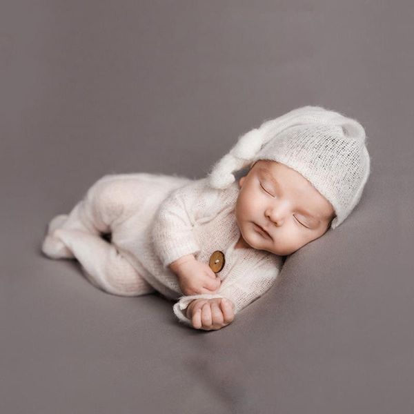 

born baby pography prop footed romper button knitted overalls knot hat set 2021 clothes 0-3 m blankets & swaddling