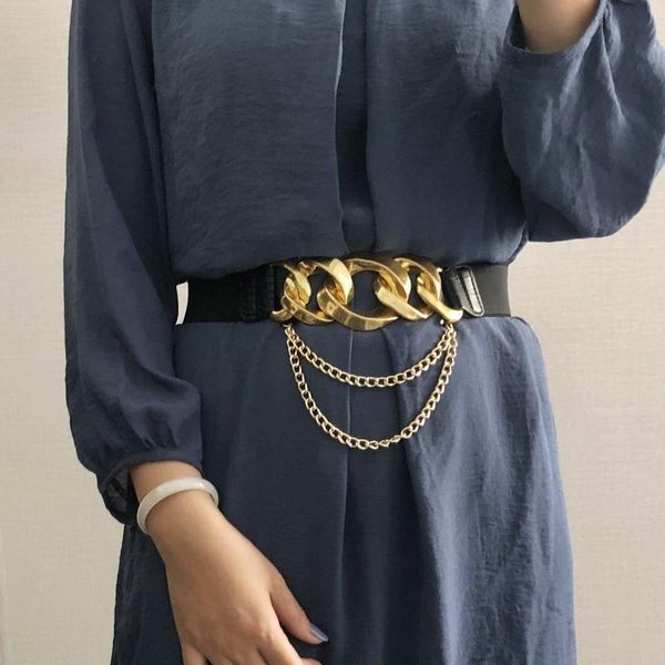 

woman wide 4cm personality cummerbund punk alloy metal big chain buckle belt waist strap street dance elastic waistbands belts, Black;brown