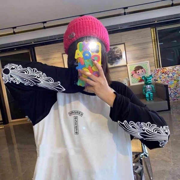 

21s autumn winter new ch crowe double arm black and white stitching long sleeve t-shirt sweater contrast color fashion women