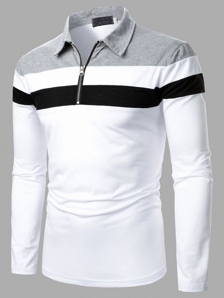 

men contrast panel zipper front polo shirt g2xk#, White;black