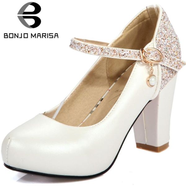

dress shoes bonjomarisa sweet girl round toe solid bling block heel pearl brand pumps women 2021 classic designer woman, Black