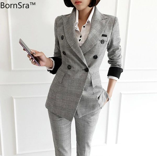 

bornsra 2021 spring vintage plaid double-breasted women blazer suit set slim pant suits female workwear trouser women's two piece pants, White