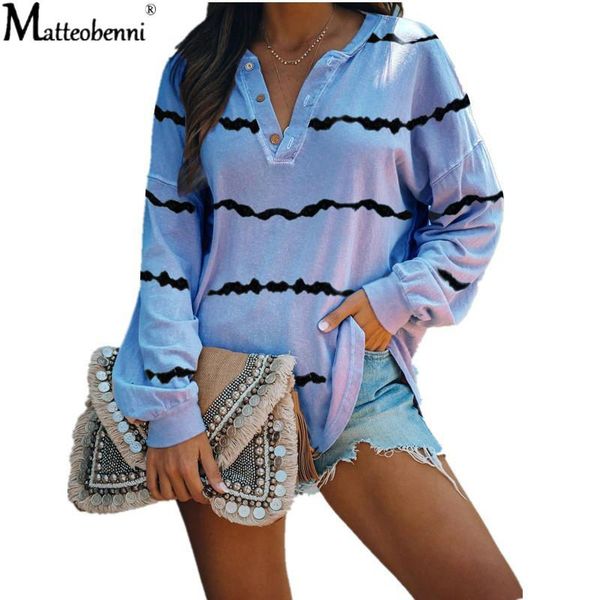 

women's t-shirt autumn women v-neck stripe print t shirts long sleeve button loose pullover fashion basic casual plus size, White