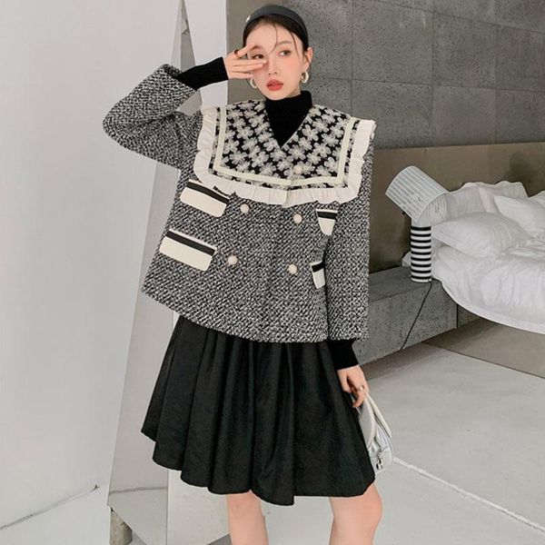 

women's wool & blends [ewq] autumn winter fashion chic women 2021 sailor collar contrast ruffle double breasted short woolen overcoat t, Black