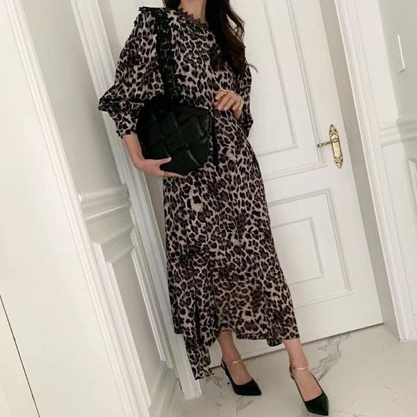 

casual dresses sannian autumn dress retro round neck leopard print stitching lace high waist lantern sleeves large swing women clothes, Black;gray