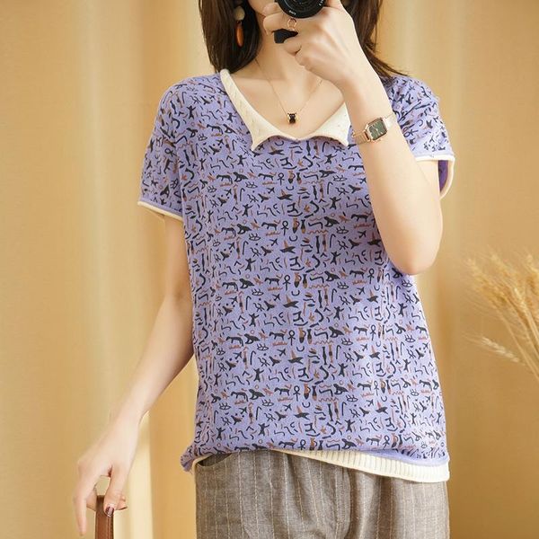 

women's sweaters 2021 vintage pattern short sleeve casual sweater coat ladies basic v-neck knitted pullover summer chic t-shirt, White;black