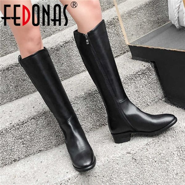 

fall winter shoes for women classic side zipper knee high boots working party thick heels tight wide leg 210528, Black