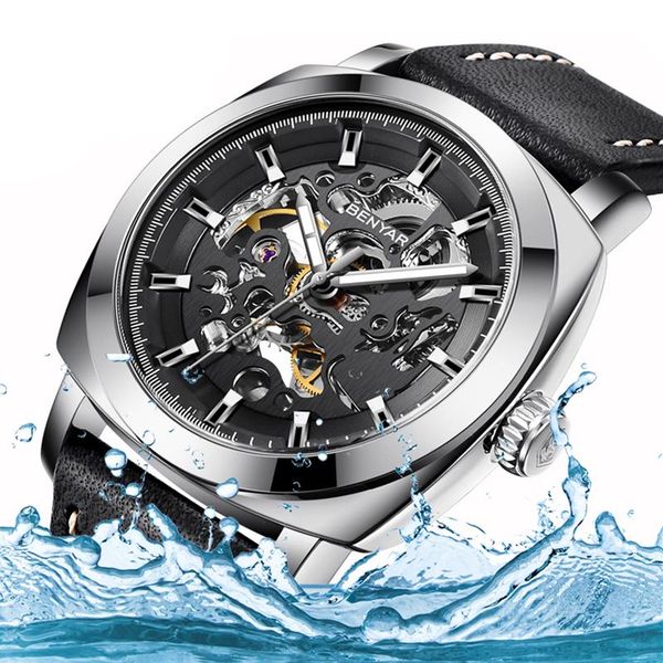 

wristwatches hollow out tourbillon automatic watch men waterproof watches mens leather sport mechanical, Slivery;brown