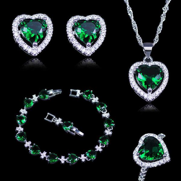 

fashion korean ladies style cubic zirconia silver color jewelry 4pcs green white crystal stone sets for women & lady h1022