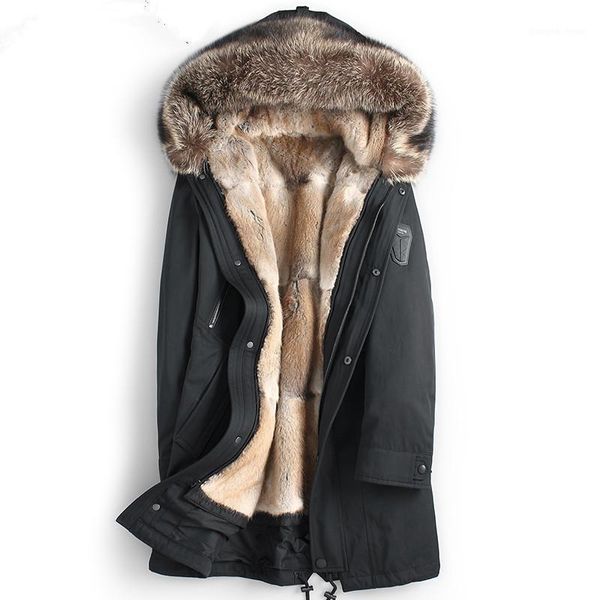 

men's leather & faux real fur coat parka natural mink liner men winter jacket racoon collar parkas luxury ml-gf18p615 kj1192, Black