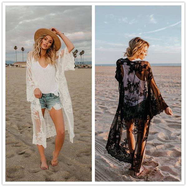 

women's swimwear crochet embroidery lace boho cover up women sheer see-through beach long summer mesh chiffon bikini dress, White;black