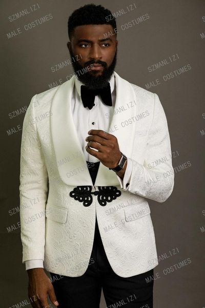 

men's suits & blazers jeltoin white jacket black vest pant floral men suit 3 pieces set modern wedding for groom party dress formal tux, White;black