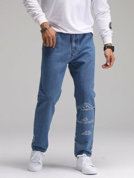 

men slant pocket cloud print jeans l6fx#, Blue