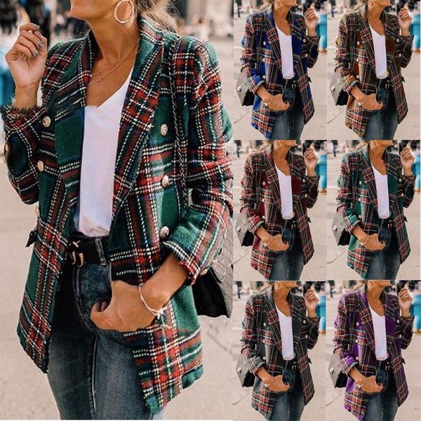 

women's jackets 2021 women plaid wool suit jacket coat turn down collar button casual autumn winter cardigan, Black;brown