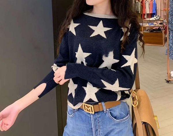 

sweater 2021 fall/winter all-match trend round neck star wool women 9ik1, White;black