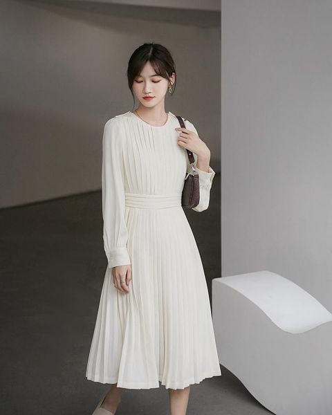 

casual dresses long sleeve dress in female temperament of the spring and autumn period show thin shirt pleated skirt tall waist, Black;gray