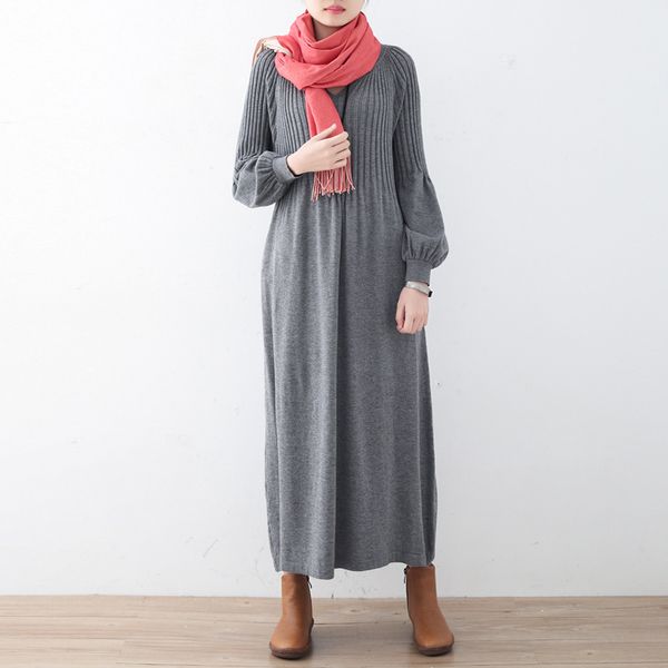 

johnature autumn original design artistic puff sleeve sweater dress solid color knitted sweater women's  dress 210521, Black;gray