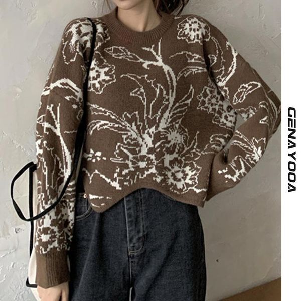 

women's sweaters genayooa autumn winter pullover mohair sweater women long sleeve irregular loose knitted jumper ladies floral print ko, White;black