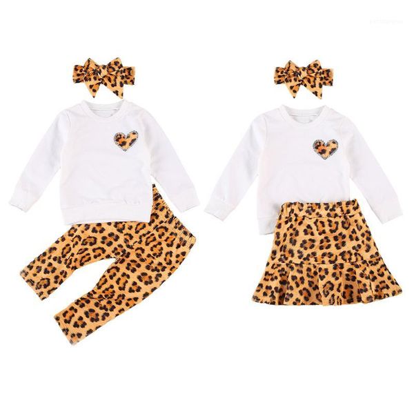 

clothing sets 0-3y autumn kids girls clothes set leopard love heart print pullover long sleeve sweatshirt pants/skirts+headband1, White