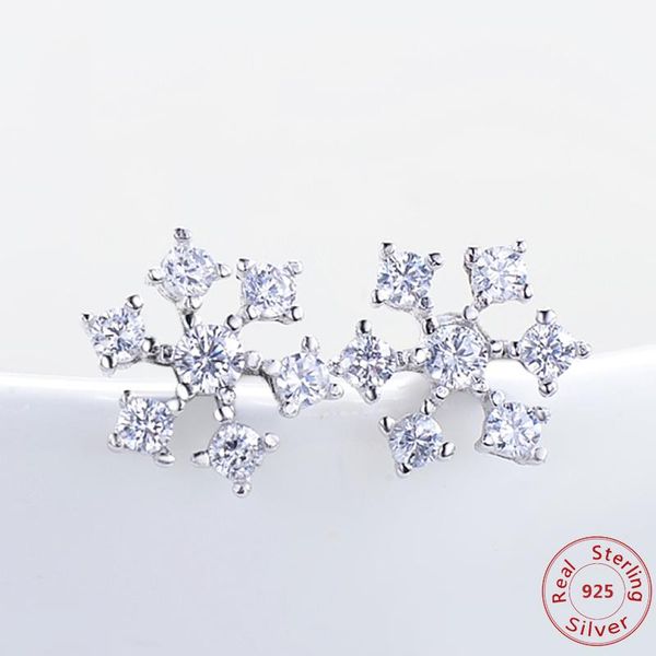 

stud 1pcs real s925 sterling silver snowflake earrings shiny cubic zirconia rhinestone buttons diy accessory rose gold color, Golden;silver