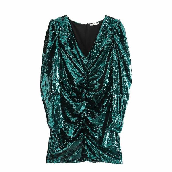 

casual dresses european summer sequined heavy embroidered deep v-neck pleated puff sleeve pullover women fashion streetwear 2021, Black;gray