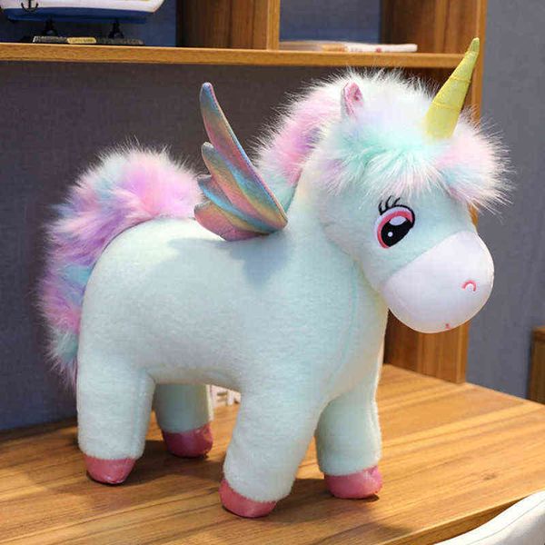 Fantastik Glow Gökkuşağı Kanatları Unicorn Peluş Oyuncak Dev Unicorn Oyuncak Dolması Hayvan Bebek Kabarık Saç Çocuklar Için Fly At Oyuncaklar Çocuk Y211119