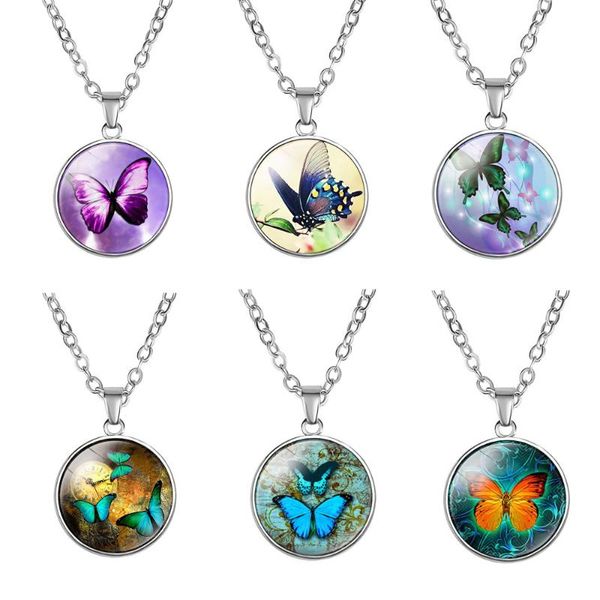 

pendant necklaces vintage colorful butterfly round glass necklace for women's neck chains collar fashion trendy chain female gift, Silver