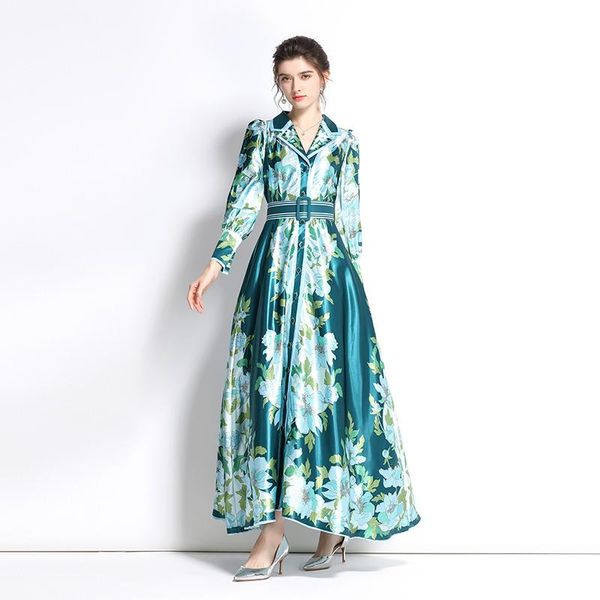 

casual dresses runway designer floral maxi dress 2021 spring fashion women's long sleeve vintage print vestido de festa green, Black;gray