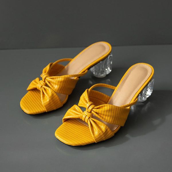 

slippers yqbtdl fashion bow knot design womens clear high heel yellow black slides women crystal block heels summer shoes 2021