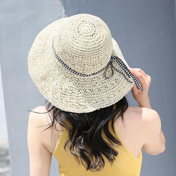 

foldable straw beach sun hat women ladies bow lace up wide brim cap summer solid color hats lot, Blue;gray