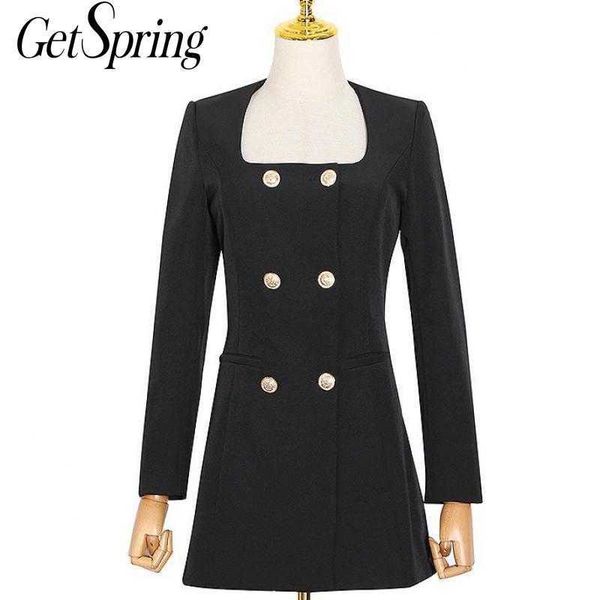 

getspring women dress square collar long sleeve black vintage short spring/autumn es fashion 210601, Black;gray