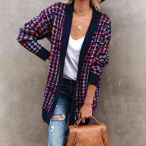 Fitshinling Bohemian Plaid Cardigan Donna Vintage Cappotto lungo Giacca femminile Maglieria Inverno Slim Maglione Cardigan Tasche 211109