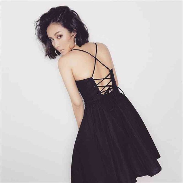 

backless lace up womens dress solid color summer swing beach short seaside travel vacation sling female, Black;gray