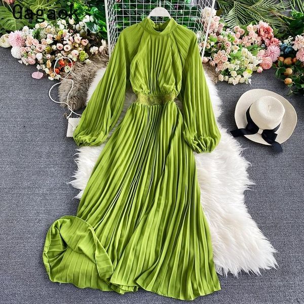 

casual dresses gagaok high street dress women 2021 spring autumn stand puff sleeve solid elegant fashion french chic vestidos, Black;gray