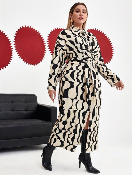 

plus geo print drop shoulder belted shirt dress i3l1#, Black