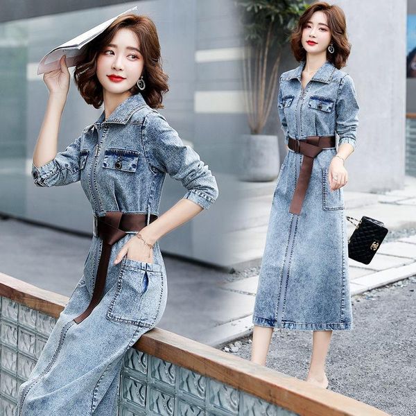 

long over-knee denim dress women's autumn slim retro french waist casual outwear female cowgirl dresses, Black;gray