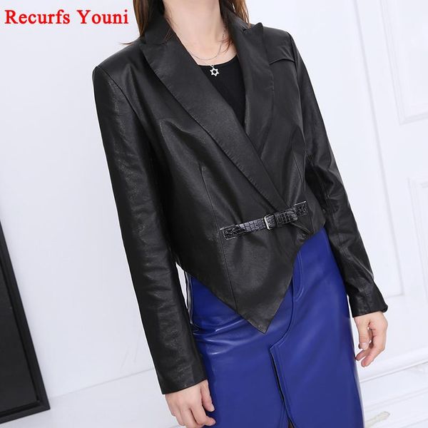 

women's leather & faux novelty genuine jacket women femme tanned sheeskin niche suit short casual coat irregular mujer roupas, Black