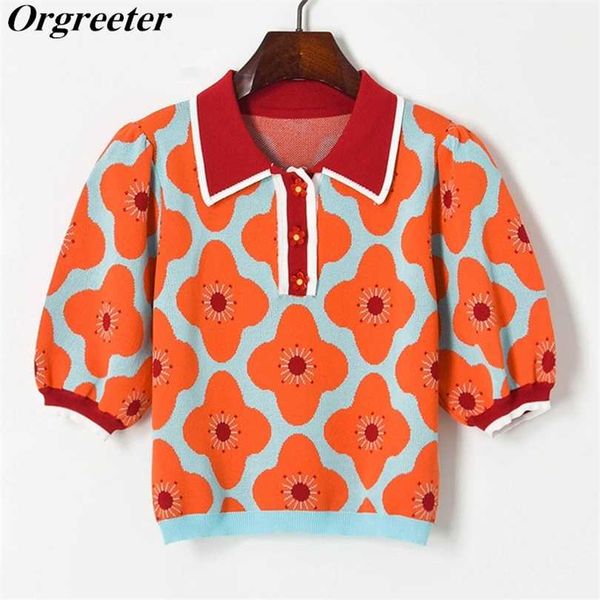 

summer lapel color contrast flower jacquard puff sleeve knit cropped women chic button thin sweater 211018, White;black