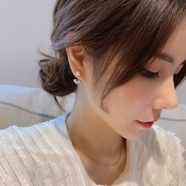 

stud korea dongdaemun simple rhinestone little heart pearl girl earrings for women parry jewelry accessories gift, Golden;silver