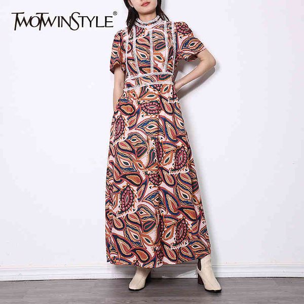 

vintage print patchwork dress for women stand collar puff short sleeve high waist maxi dresses female fashion 210428, Black;gray