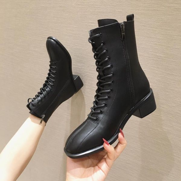 

boots women shoes fashion square head bandage middle tube heel short british women's, Black