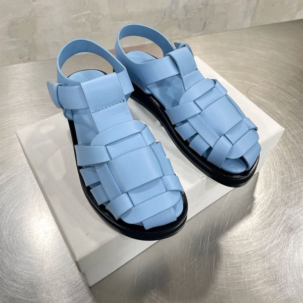 

new woven leather flat rome sandals round toe thick sole casual beach shoes summer blue green cut outs outdoor gladiator shoes, Black