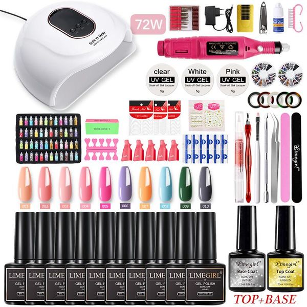 

72/54w lamp for nail 16/10 colors uv gel polish kit manicure machine art tools set base varnish semi permanant kits