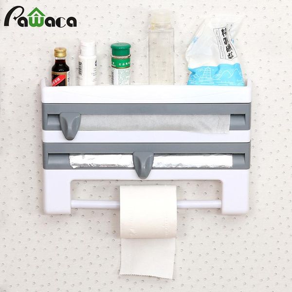 

hooks & rails multi-function fridge spice rack kitchen organizer holder cling film tin foil paper roll dispenser with cutting tools
