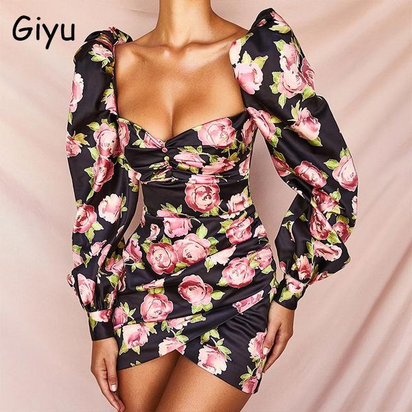 

casual dresses giyu vintage floral print club party dress women 2021 spring summer puff sleeve backless bodycon flower mini vestidos, Black;gray