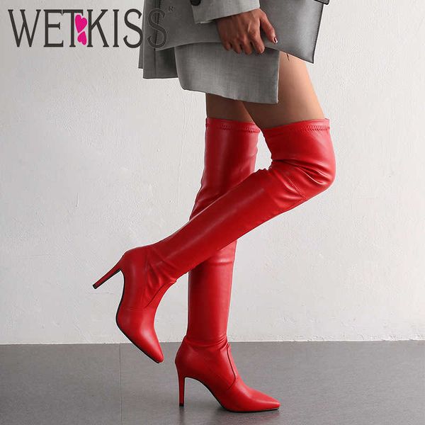 

wetkiss stretch boots women high heels thin boot female over the knee shoes ladies pointed toe shoes women winter 210630, Black